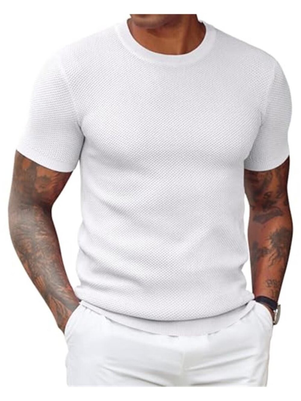 Mens White Textured Waffle Knit Pullover Tee Short Sleeve Crewneck Casual Top